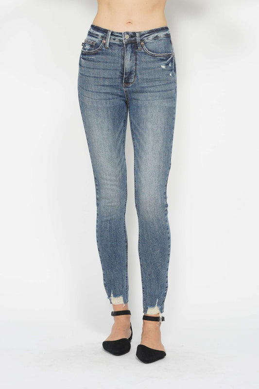 Judy Blue Full Size Tummy Control Vintage Wash Hem Destroy Skinny Jeans - Judy Blue Jeans Boutique