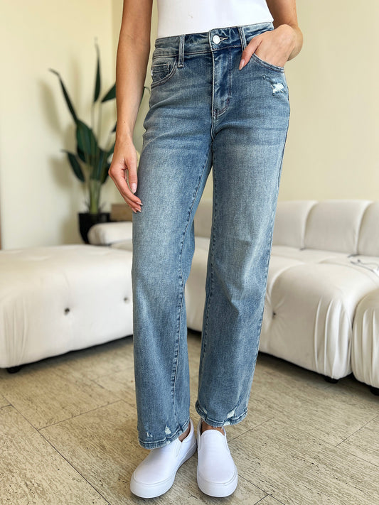 Judy Blue Full Size Mid Rise Distressed Straight Jeans - Judy Blue Jeans Boutique