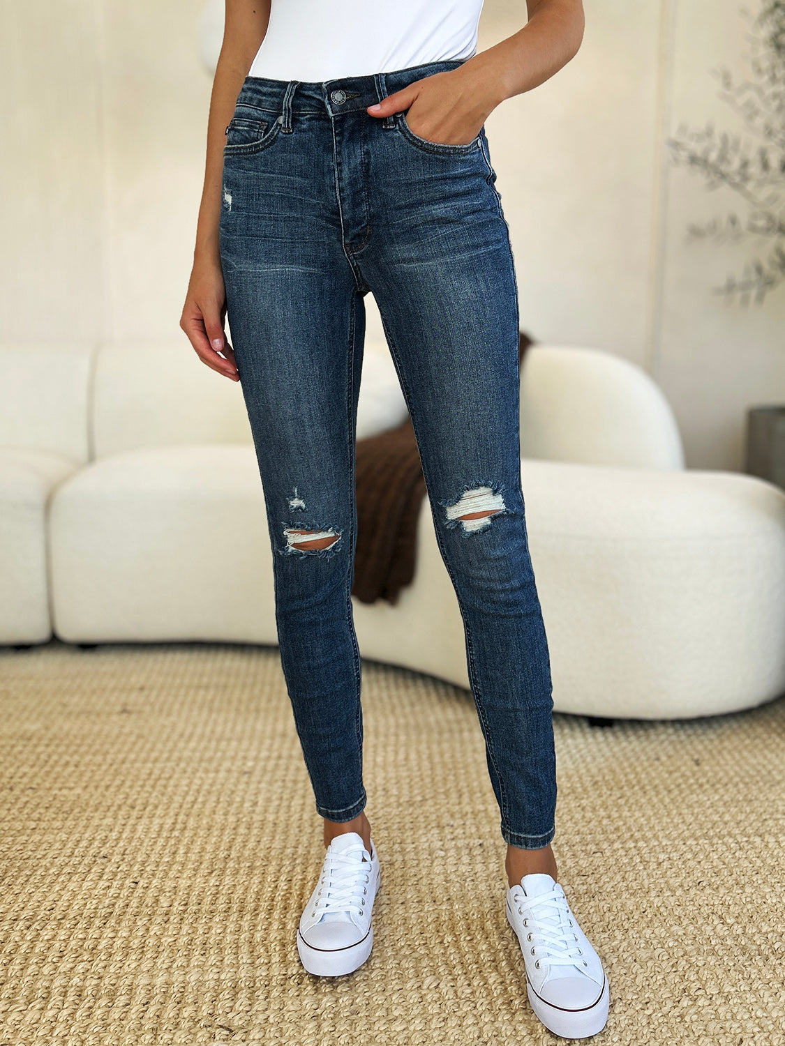 Judy Blue Full Size Mid Waist Distressed Slim Jeans - Judy Blue Jeans Boutique