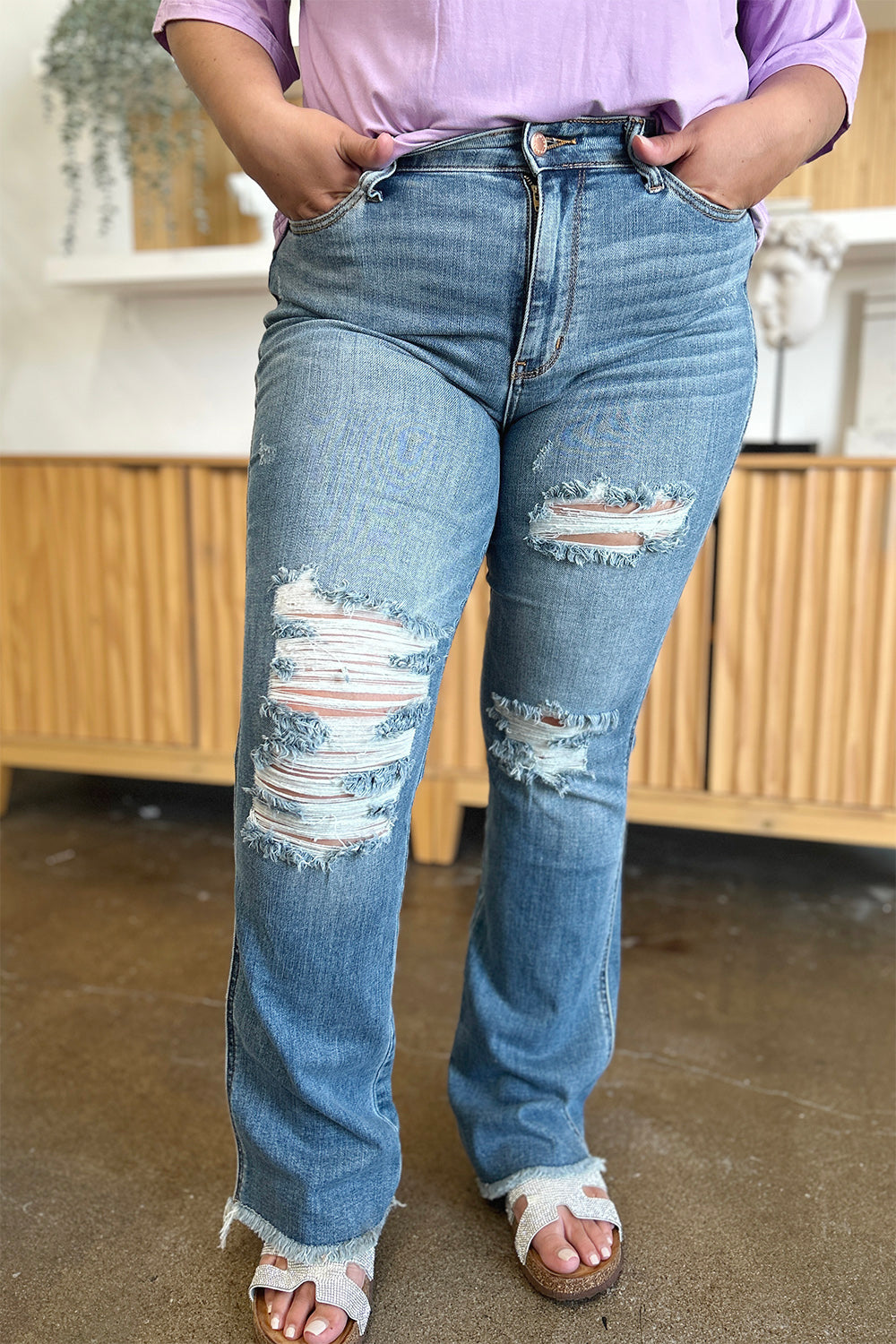 Judy Blue Full Size Distressed Raw Hem Bootcut Jeans - Judy Blue Jeans Boutique