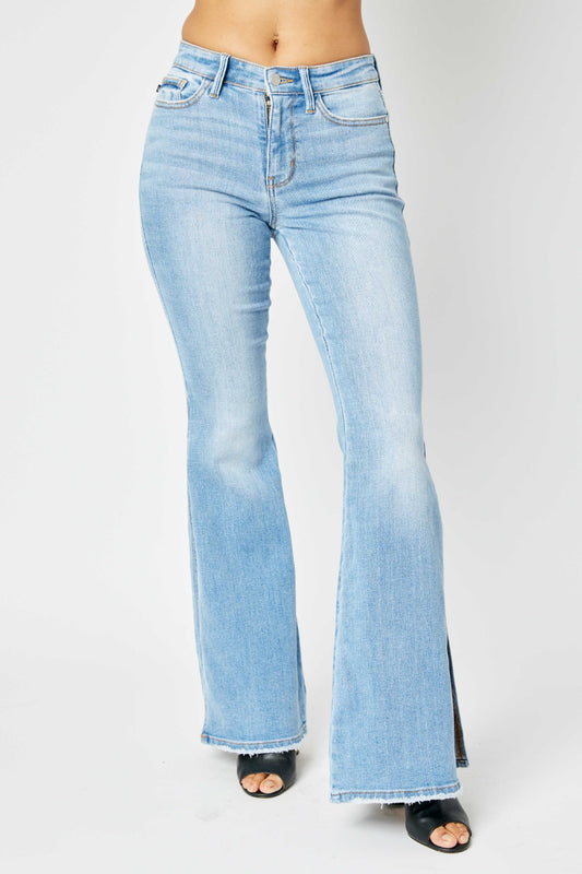 Judy Blue Full Size Mid Rise Raw Hem Slit Flare Jeans - Judy Blue Jeans Boutique