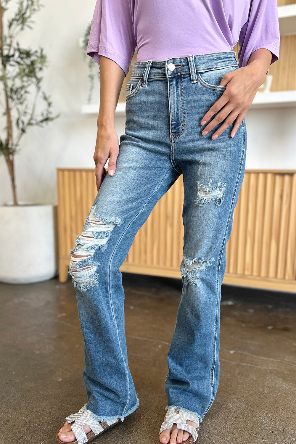 Judy Blue Full Size Distressed Raw Hem Bootcut Jeans - Judy Blue Jeans Boutique