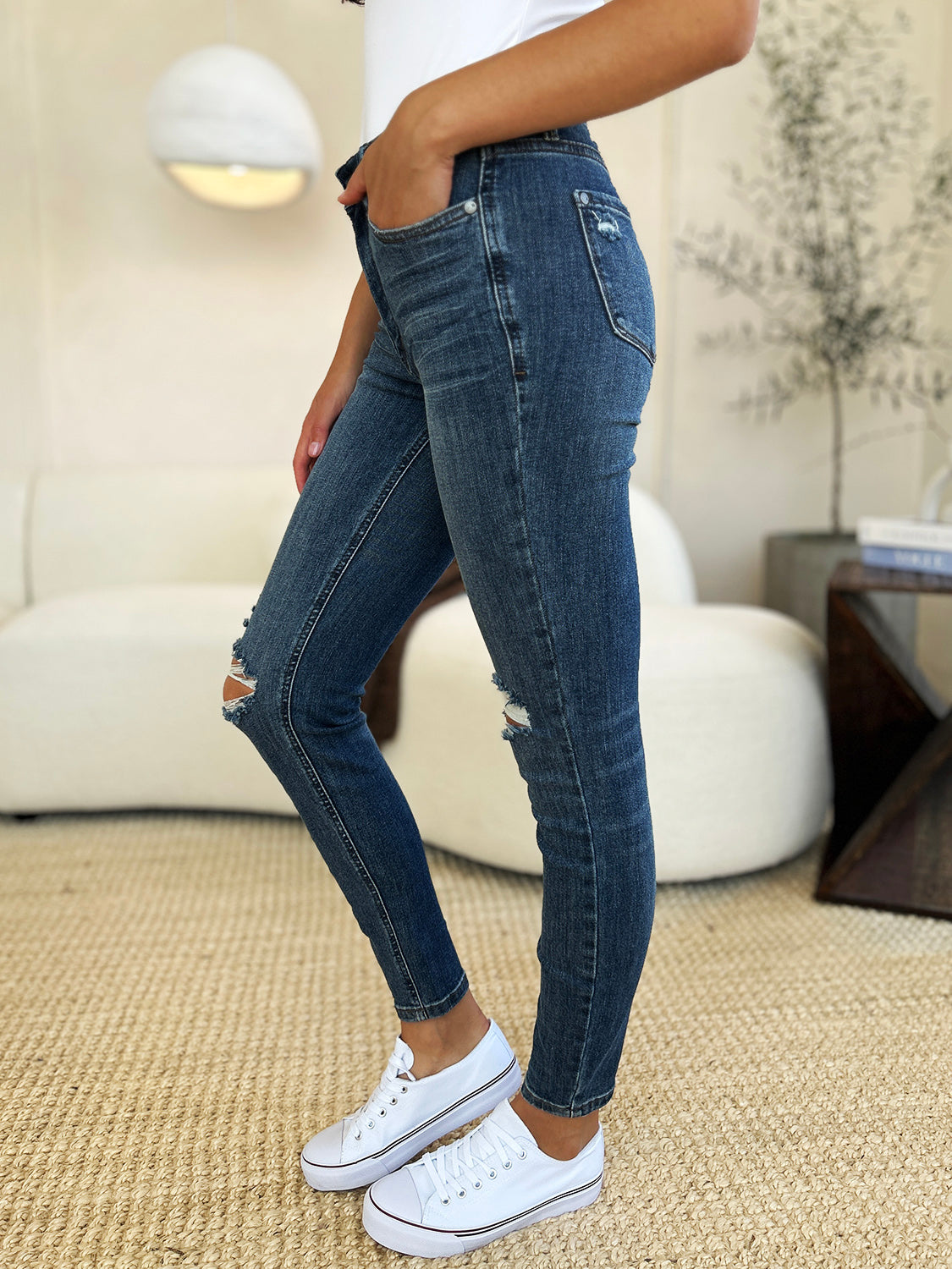 Judy Blue Full Size Mid Waist Distressed Slim Jeans - Judy Blue Jeans Boutique