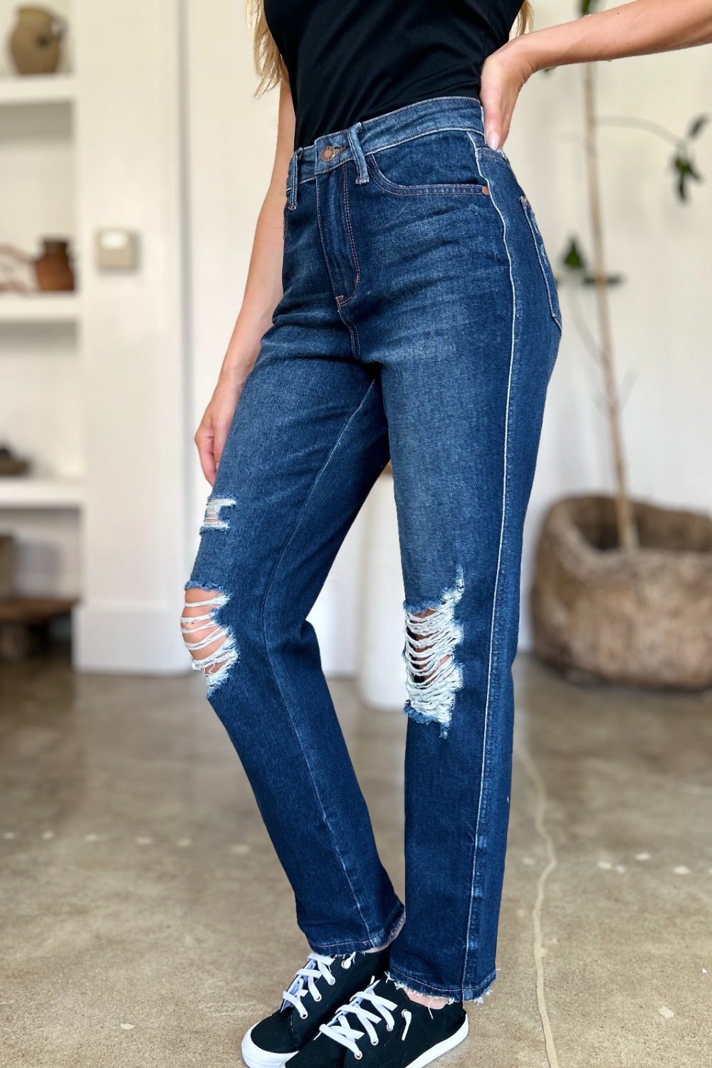 Judy Blue Full Size High Waist Rigid Magic Heavy Destroy Straight Jeans - Judy Blue Jeans Boutique