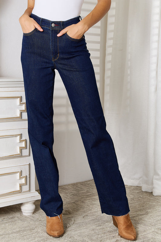 Judy Blue Full Size Raw Hem Straight Leg Jeans with Pockets - Judy Blue Jeans Boutique