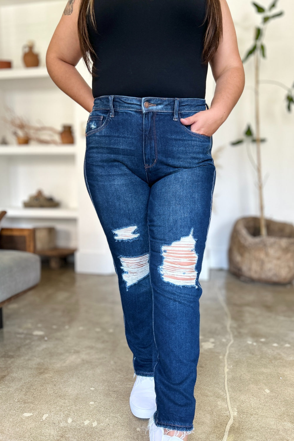 Judy Blue Full Size High Waist Rigid Magic Heavy Destroy Straight Jeans - Judy Blue Jeans Boutique