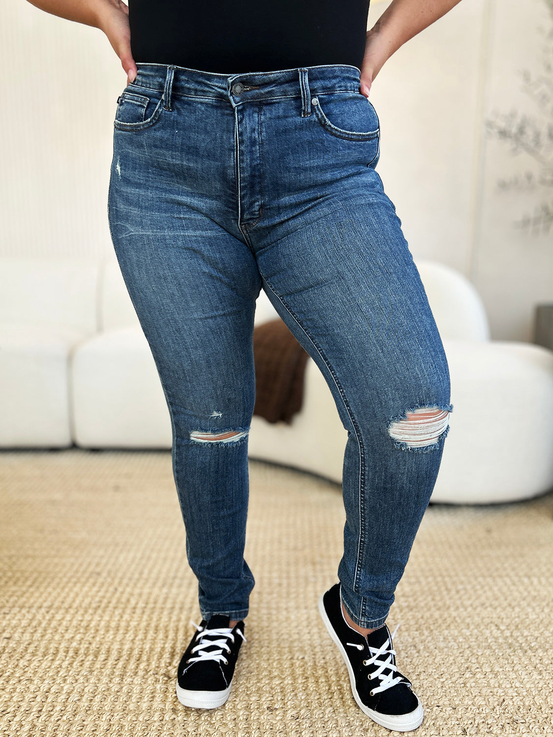 Judy Blue Full Size Mid Waist Distressed Slim Jeans - Judy Blue Jeans Boutique