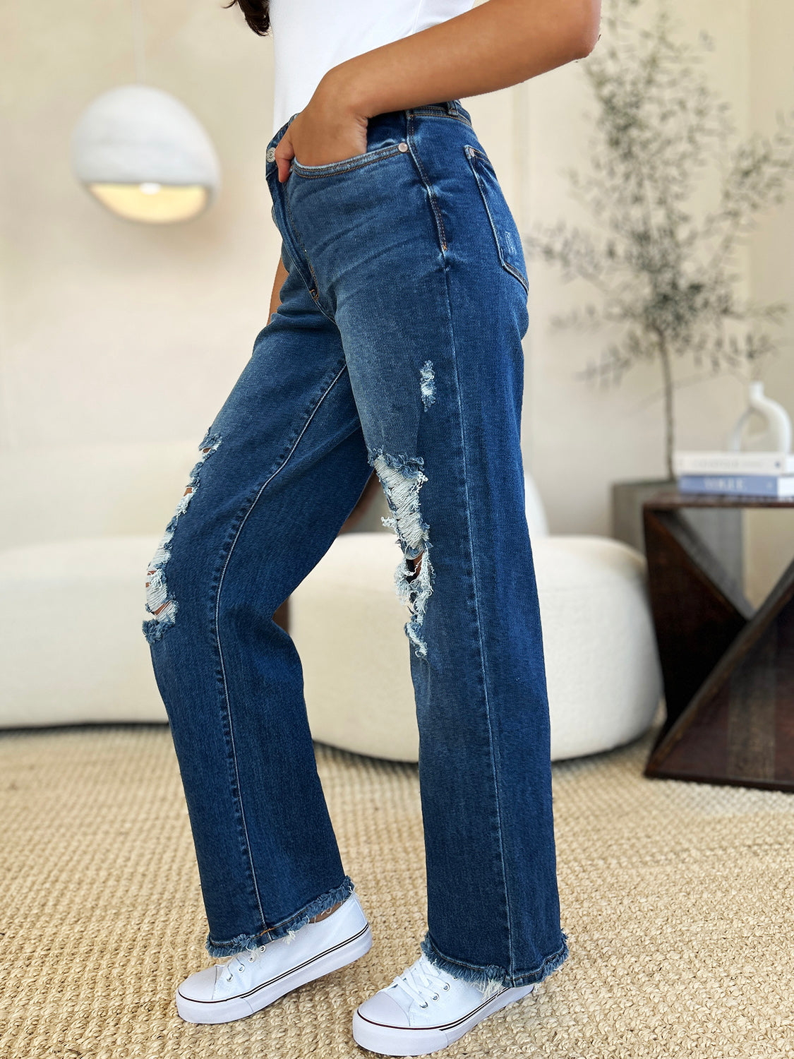 Judy Blue Full Size Mid Rise Distressed Raw Hem Jeans - Judy Blue Jeans Boutique